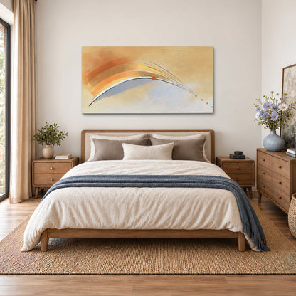 A sweeping ochre and orange arc with fine blue accents on a warm cream background single canvas wall art styled in an interior