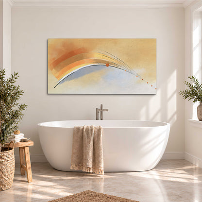 A sweeping ochre and orange arc with fine blue accents on a warm cream background single canvas wall art styled in an interior