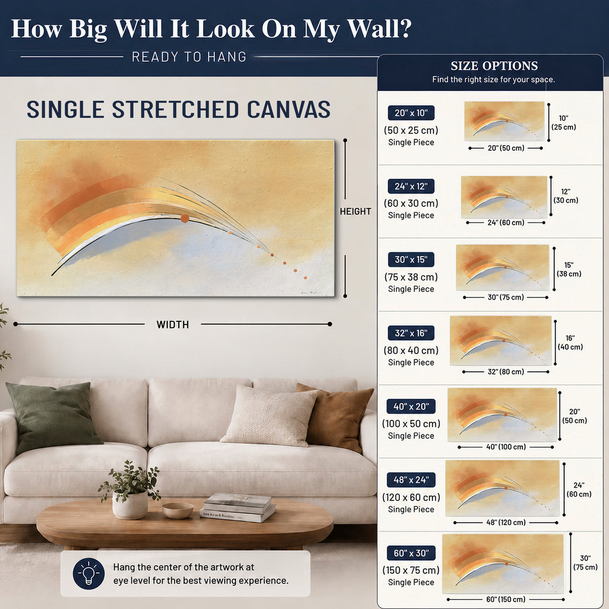 A sweeping ochre and orange arc with fine blue accents on a warm cream background single canvas wall art size guide above a sofa; room view is illustrative