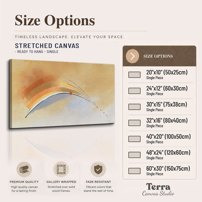 A sweeping ochre and orange arc with fine blue accents on a warm cream background single canvas wall art available dimensions