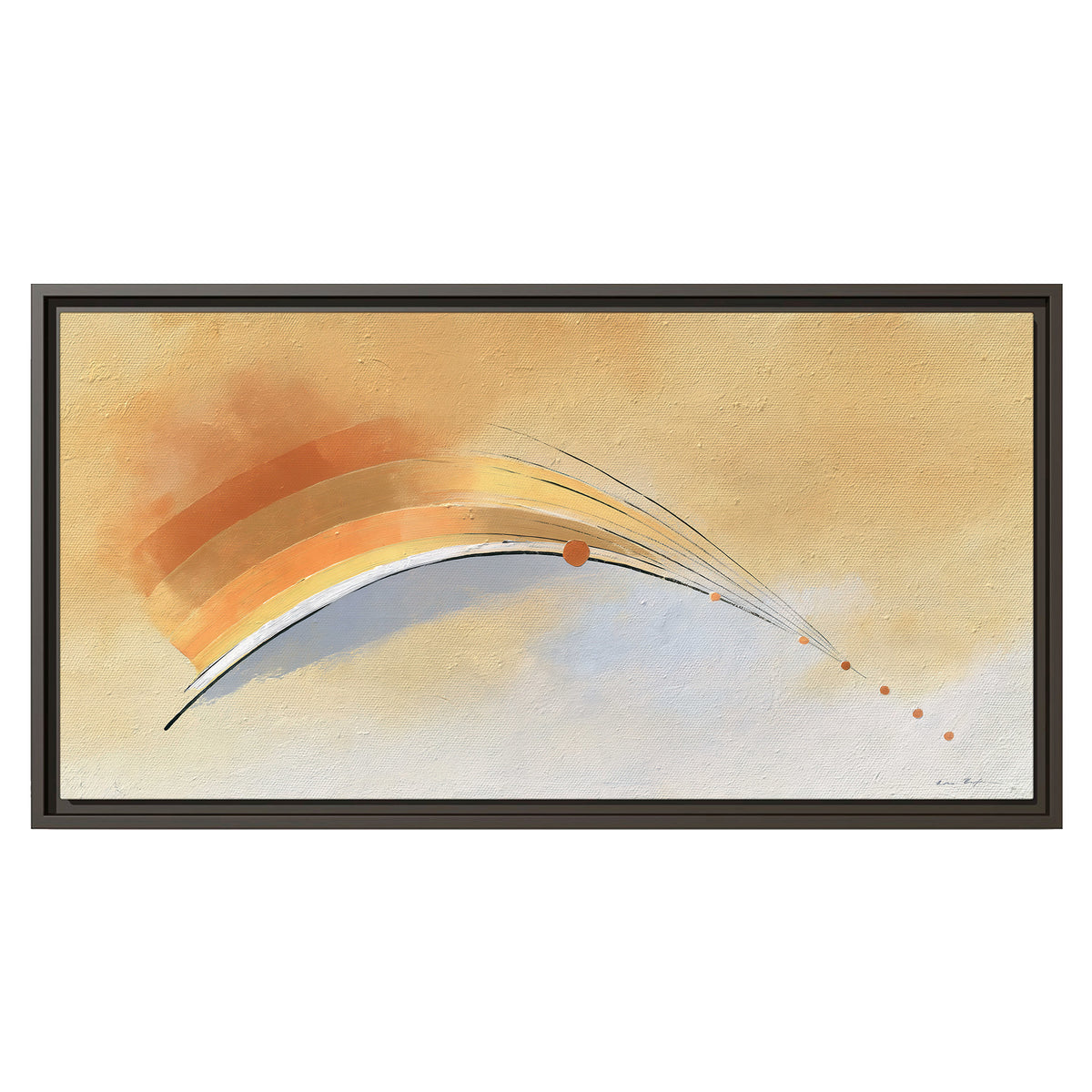 A sweeping ochre and orange arc with fine blue accents on a warm cream background single framed canvas wall art viewed straight on