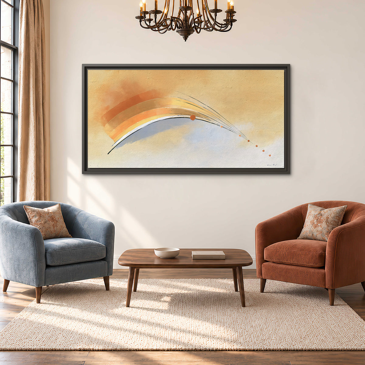 A sweeping ochre and orange arc with fine blue accents on a warm cream background single framed canvas wall art styled in an interior