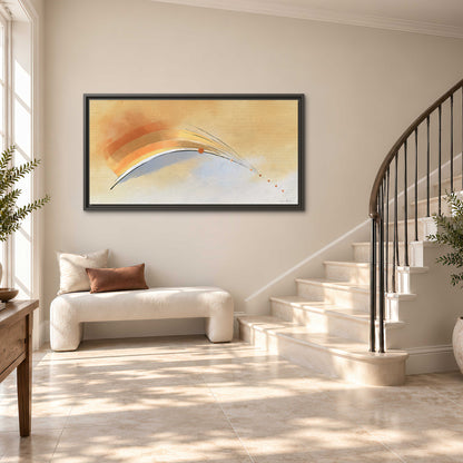 A sweeping ochre and orange arc with fine blue accents on a warm cream background single framed canvas wall art styled in an interior