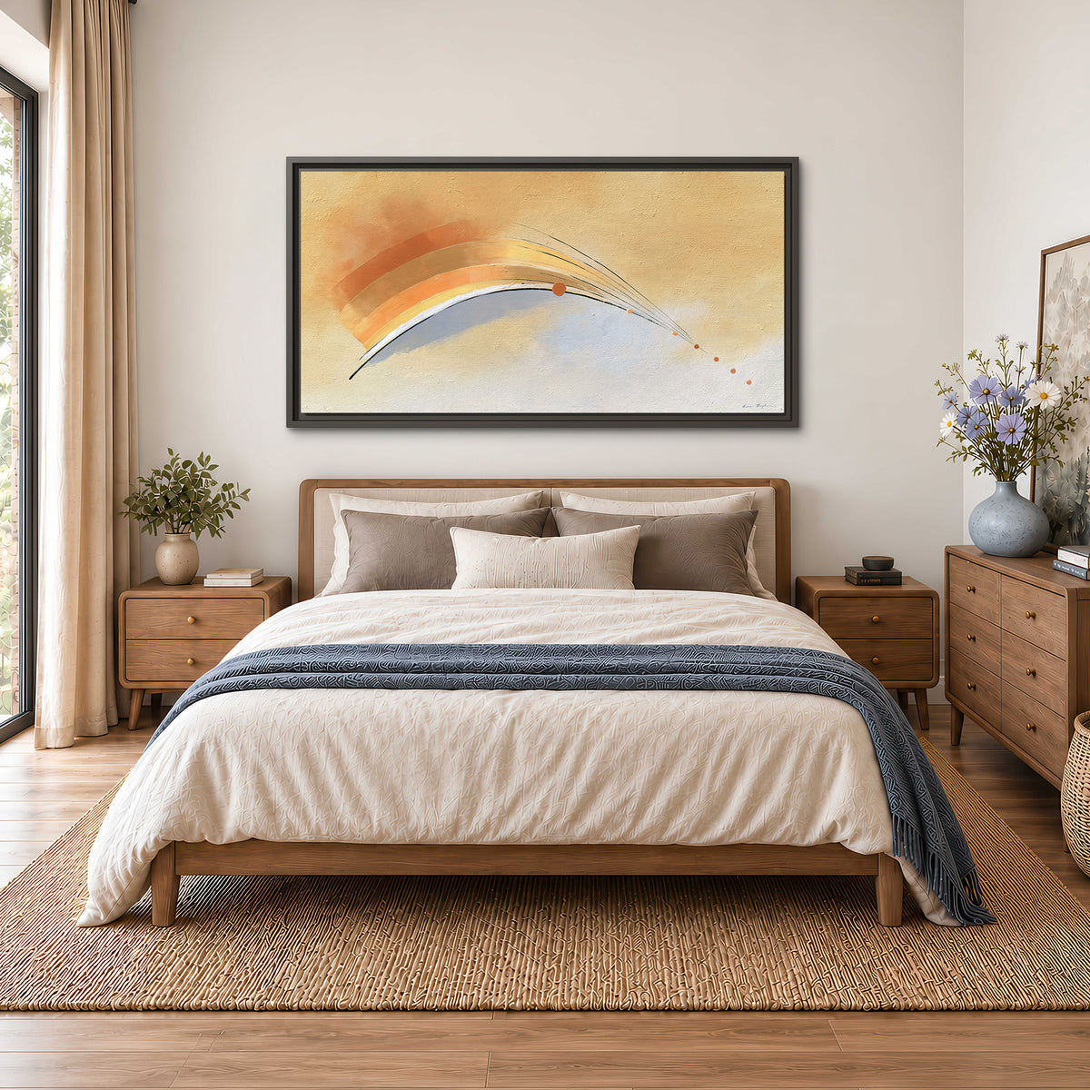 A sweeping ochre and orange arc with fine blue accents on a warm cream background single framed canvas wall art styled in an interior