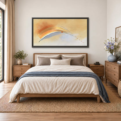A sweeping ochre and orange arc with fine blue accents on a warm cream background single framed canvas wall art styled in an interior