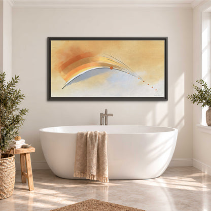 A sweeping ochre and orange arc with fine blue accents on a warm cream background single framed canvas wall art styled in an interior