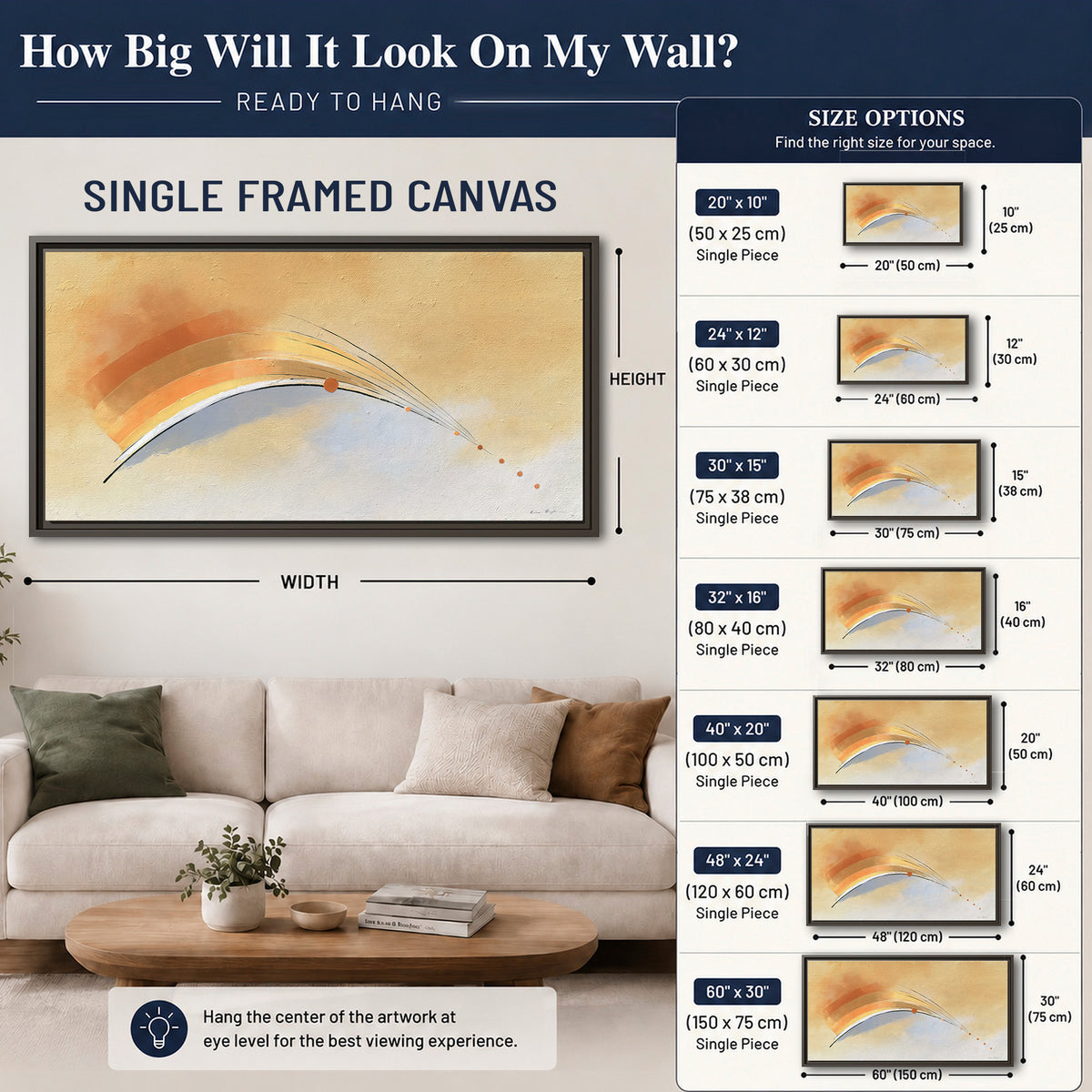 A sweeping ochre and orange arc with fine blue accents on a warm cream background single framed canvas wall art size guide above a sofa; room view is illustrative