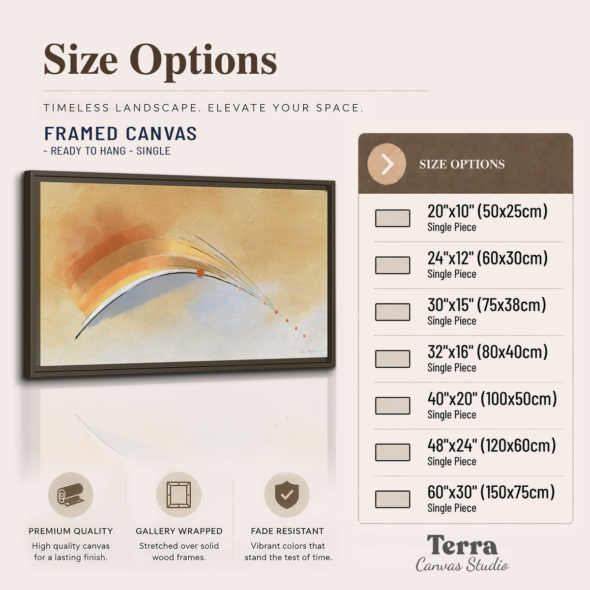 A sweeping ochre and orange arc with fine blue accents on a warm cream background single framed canvas wall art available dimensions
