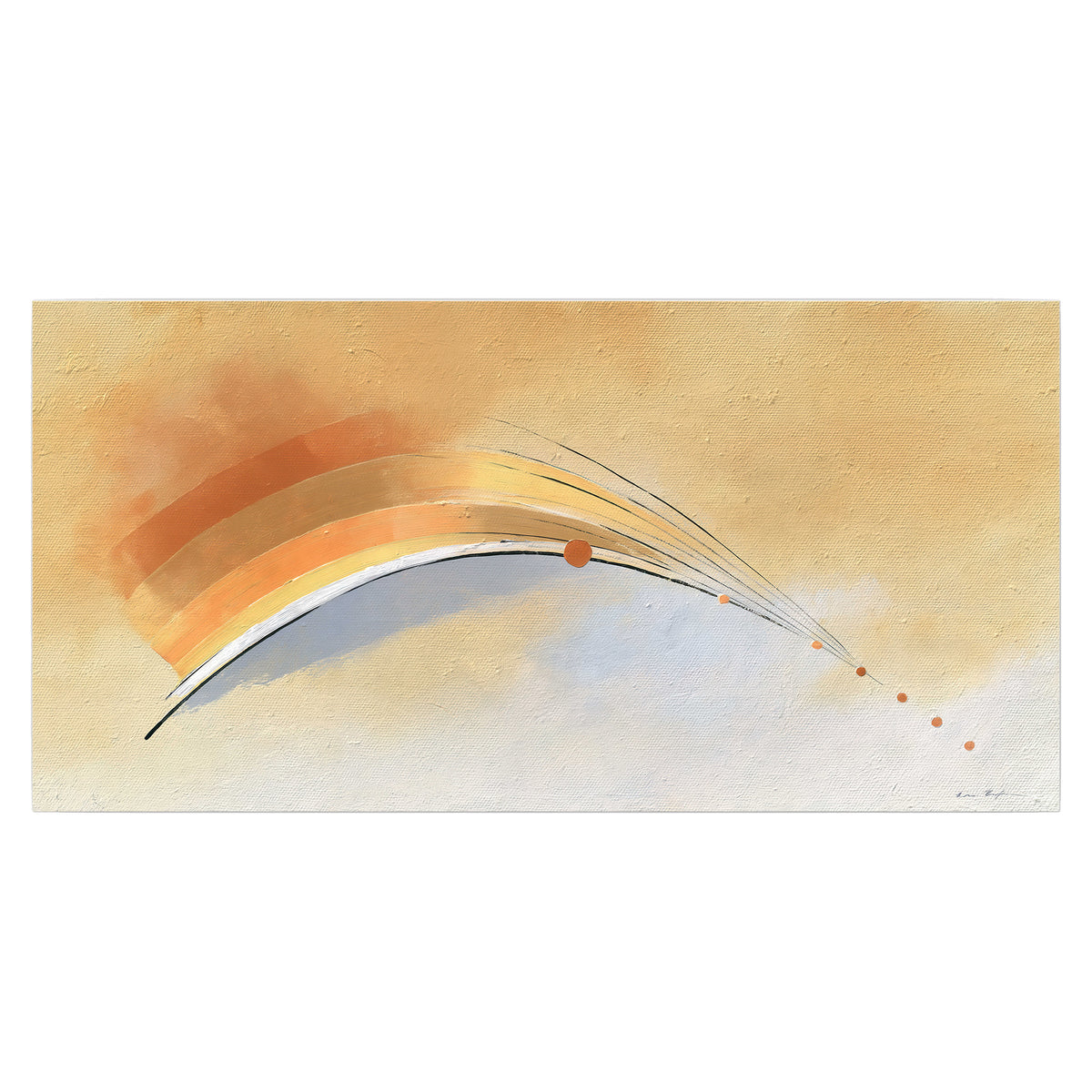 A sweeping ochre and orange arc with fine blue accents on a warm cream background single poster print viewed straight on