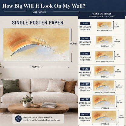 A sweeping ochre and orange arc with fine blue accents on a warm cream background single poster print size guide above a sofa; room view is illustrative