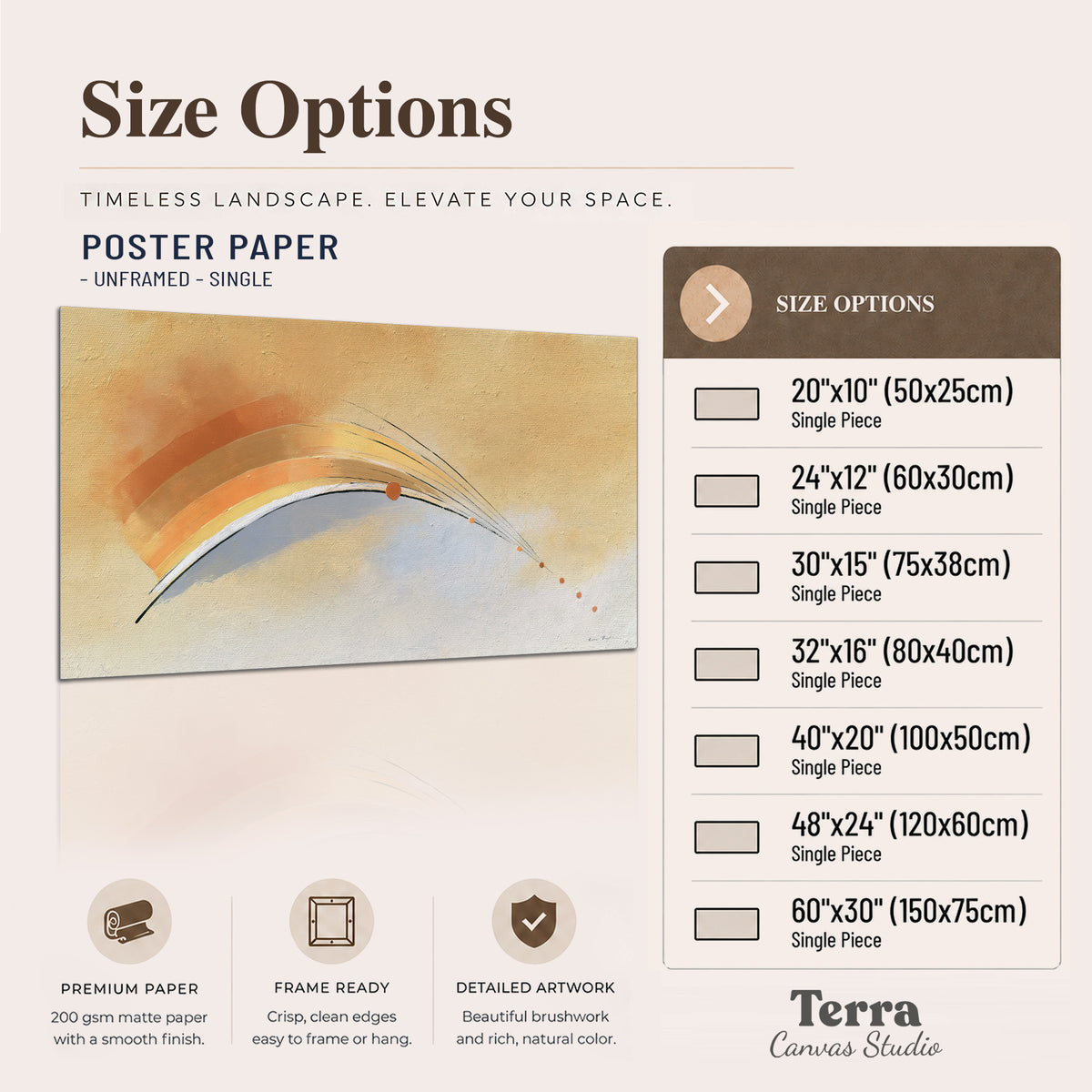 A sweeping ochre and orange arc with fine blue accents on a warm cream background single poster print available dimensions