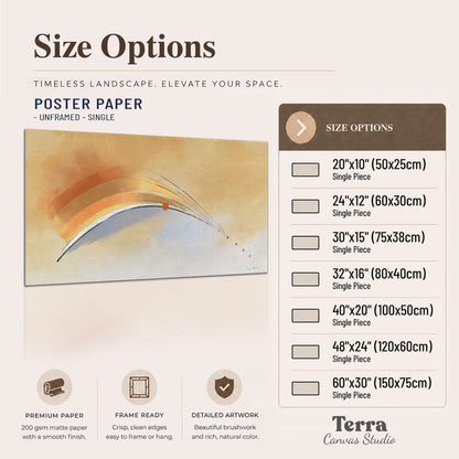 A sweeping ochre and orange arc with fine blue accents on a warm cream background single poster print available dimensions