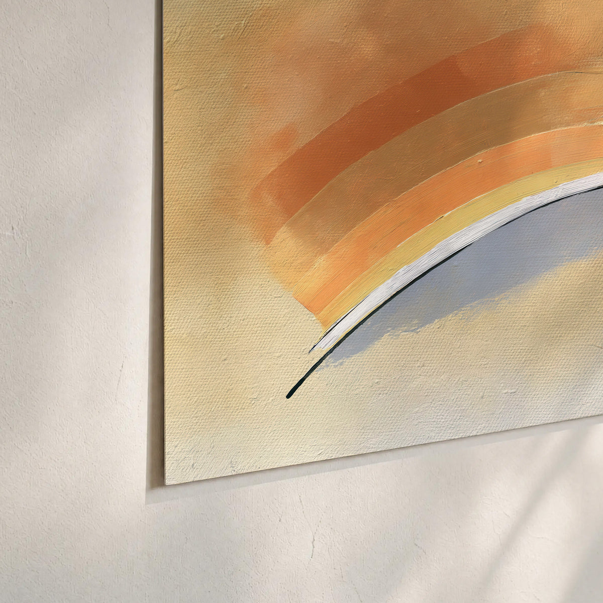 A sweeping ochre and orange arc with fine blue accents on a warm cream background set of 3 poster prints material and edge close up