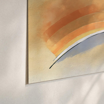 A sweeping ochre and orange arc with fine blue accents on a warm cream background set of 3 poster prints material and edge close up