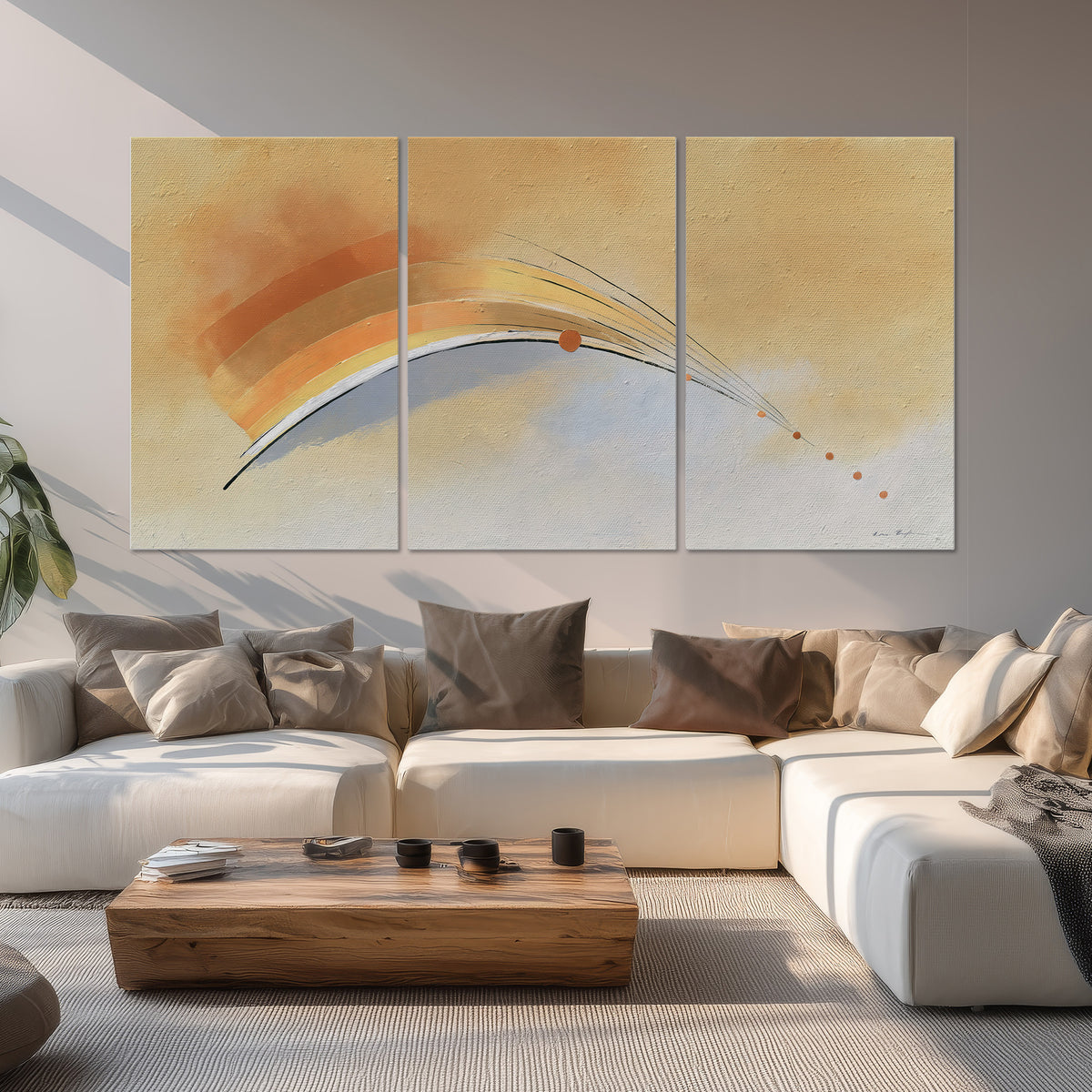 A sweeping ochre and orange arc with fine blue accents on a warm cream background set of 3 poster prints displayed in a living room