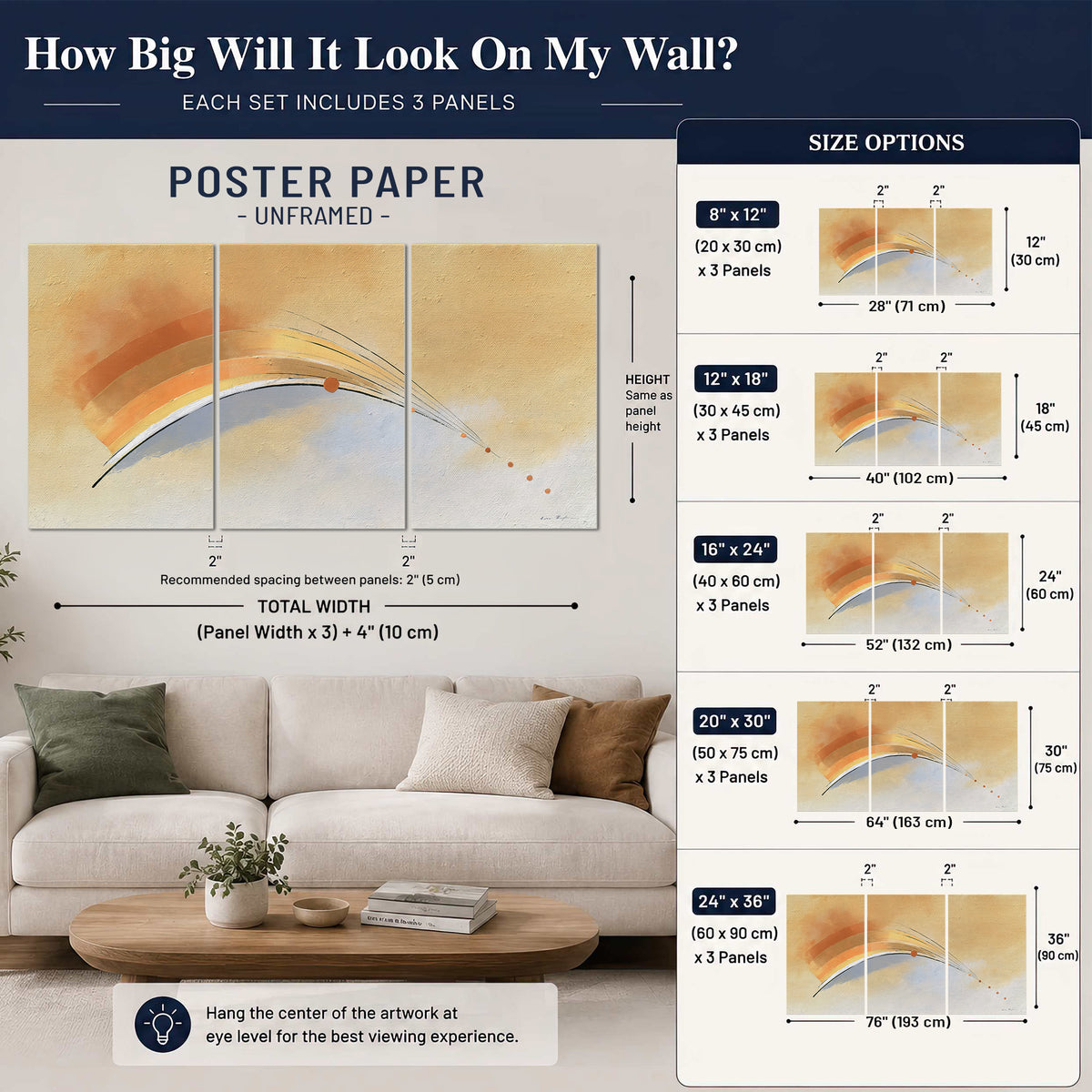A sweeping ochre and orange arc with fine blue accents on a warm cream background set of 3 poster prints size guide above a sofa; room view is illustrative