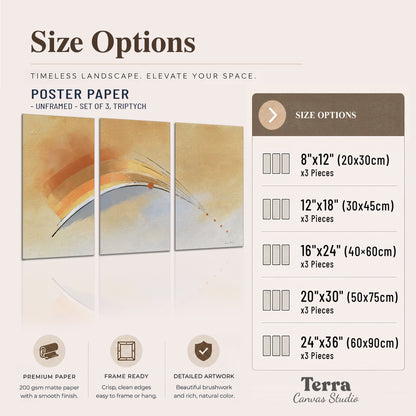 A sweeping ochre and orange arc with fine blue accents on a warm cream background set of 3 poster prints available dimensions; triptych dimensions are per panel