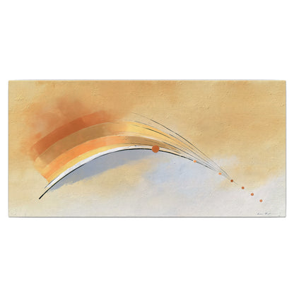 A sweeping ochre and orange arc with fine blue accents on a warm cream background single canvas wall art viewed straight on