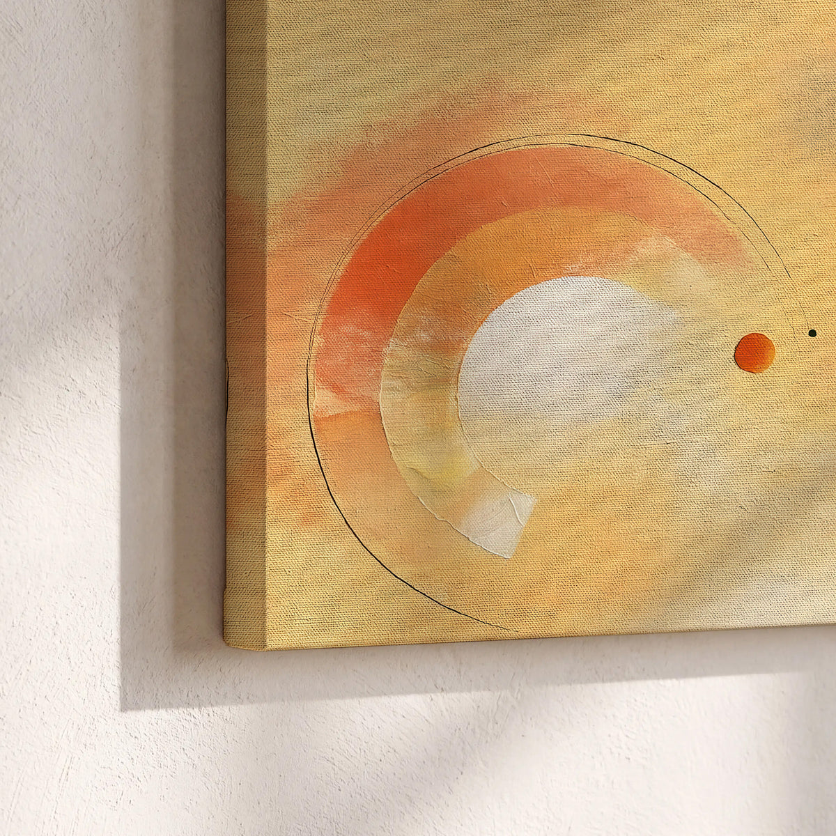 A warm orange circular form and diagonal pale streaks across a muted yellow and blue field 3 piece canvas wall art material and edge close up