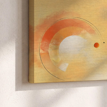 A warm orange circular form and diagonal pale streaks across a muted yellow and blue field 3 piece canvas wall art material and edge close up