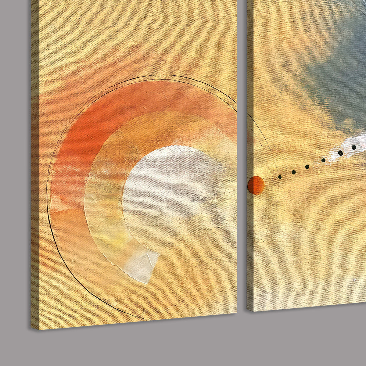 A warm orange circular form and diagonal pale streaks across a muted yellow and blue field 3 piece canvas wall art room and product view