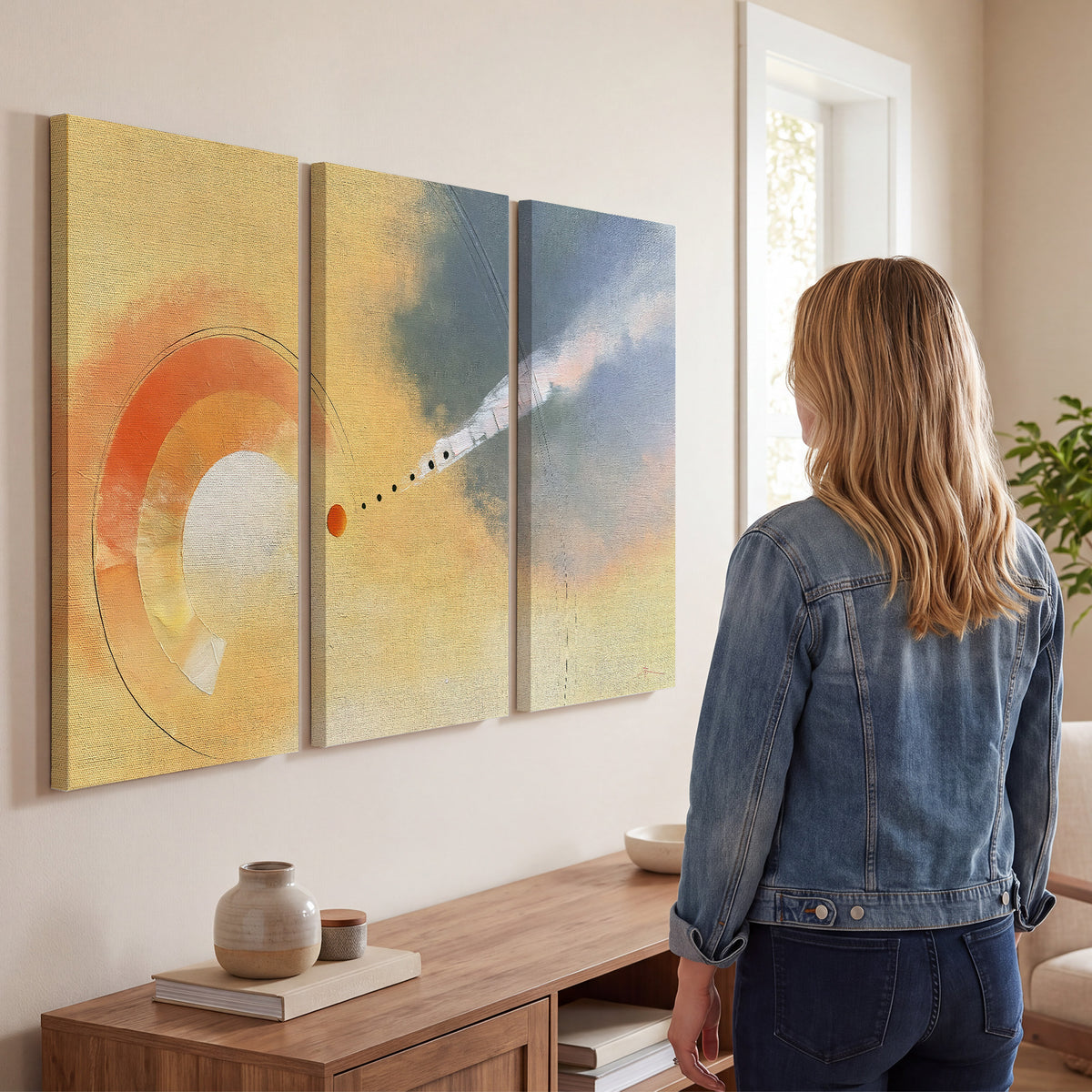 A warm orange circular form and diagonal pale streaks across a muted yellow and blue field 3 piece canvas wall art three panel arrangement on a wall