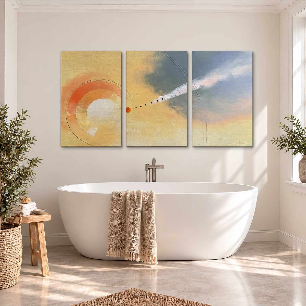 A warm orange circular form and diagonal pale streaks across a muted yellow and blue field 3 piece canvas wall art styled in an interior