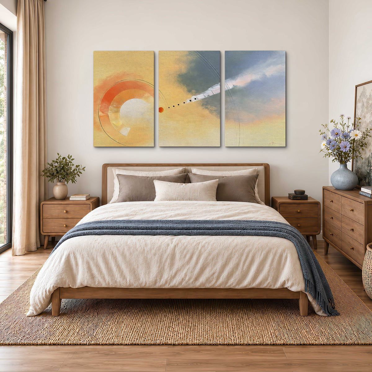 A warm orange circular form and diagonal pale streaks across a muted yellow and blue field 3 piece canvas wall art styled in an interior