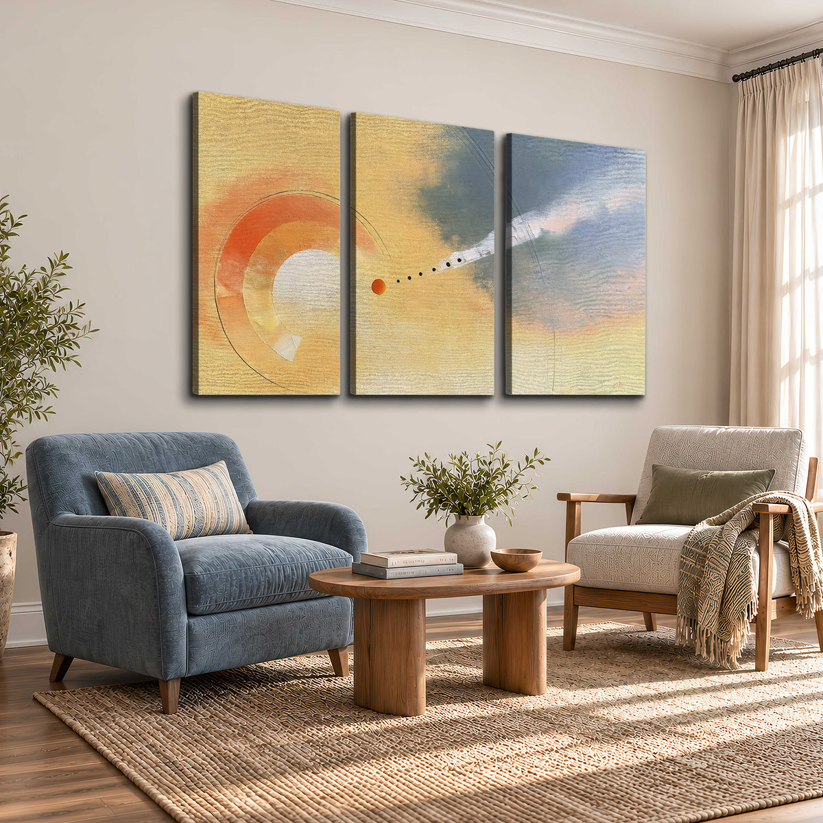 A warm orange circular form and diagonal pale streaks across a muted yellow and blue field 3 piece canvas wall art styled in an interior