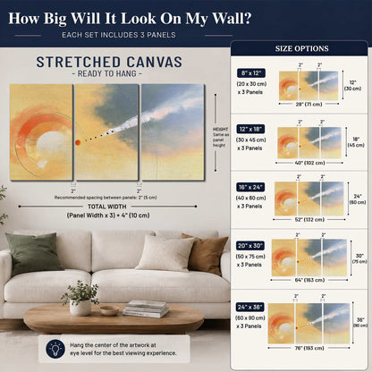 A warm orange circular form and diagonal pale streaks across a muted yellow and blue field 3 piece canvas wall art size guide above a sofa; room view is illustrative