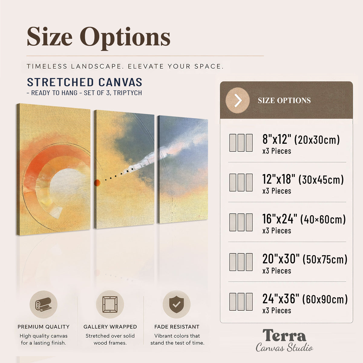 A warm orange circular form and diagonal pale streaks across a muted yellow and blue field 3 piece canvas wall art available dimensions; triptych dimensions are per panel