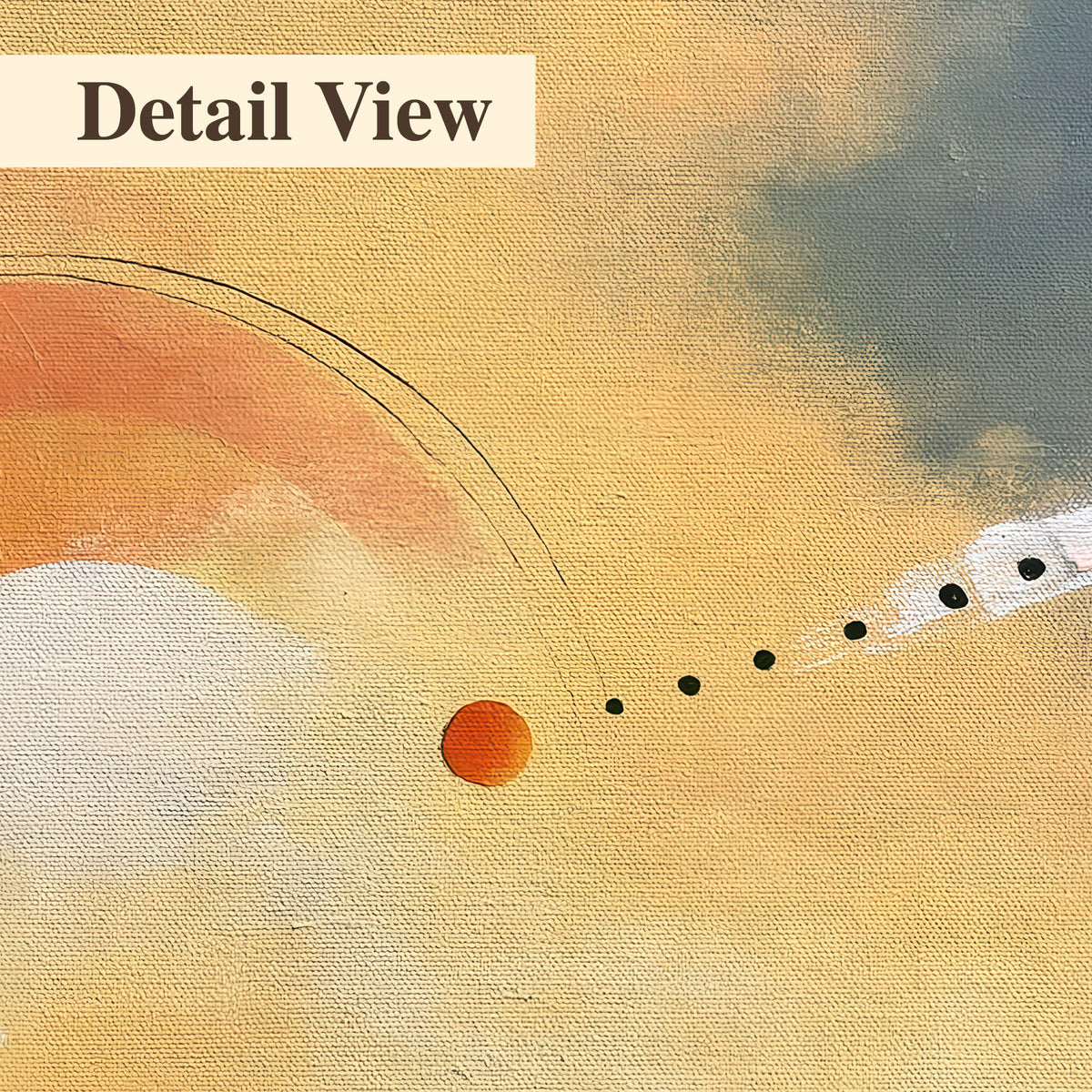 A warm orange circular form and diagonal pale streaks across a muted yellow and blue field 3 piece canvas wall art artwork detail close up