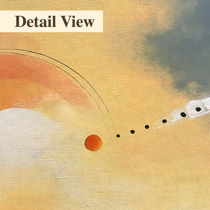 A warm orange circular form and diagonal pale streaks across a muted yellow and blue field 3 piece canvas wall art artwork detail close up