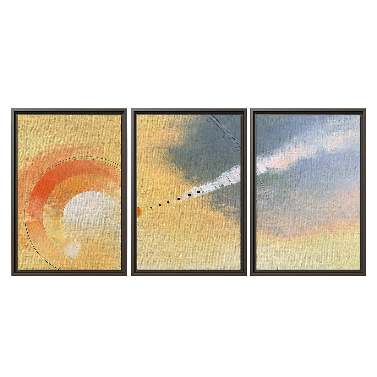 A warm orange circular form and diagonal pale streaks across a muted yellow and blue field 3 piece framed canvas wall art viewed straight on