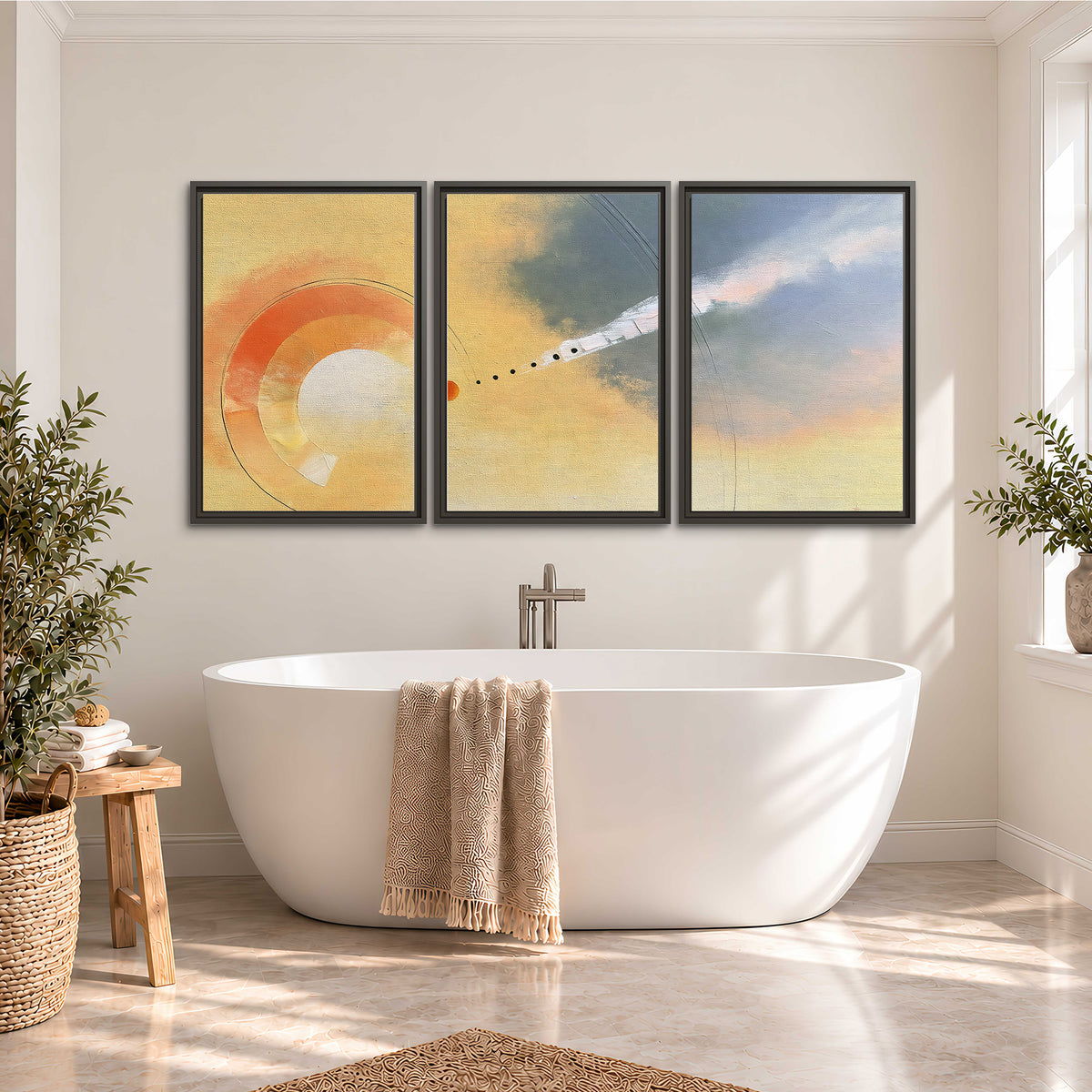 A warm orange circular form and diagonal pale streaks across a muted yellow and blue field 3 piece framed canvas wall art styled in an interior