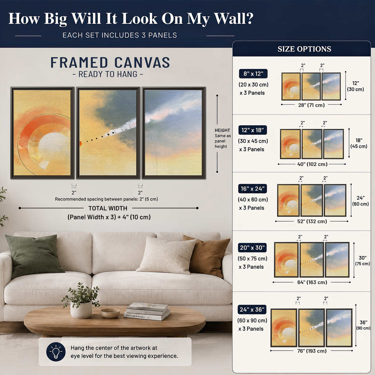 A warm orange circular form and diagonal pale streaks across a muted yellow and blue field 3 piece framed canvas wall art size guide above a sofa; room view is illustrative
