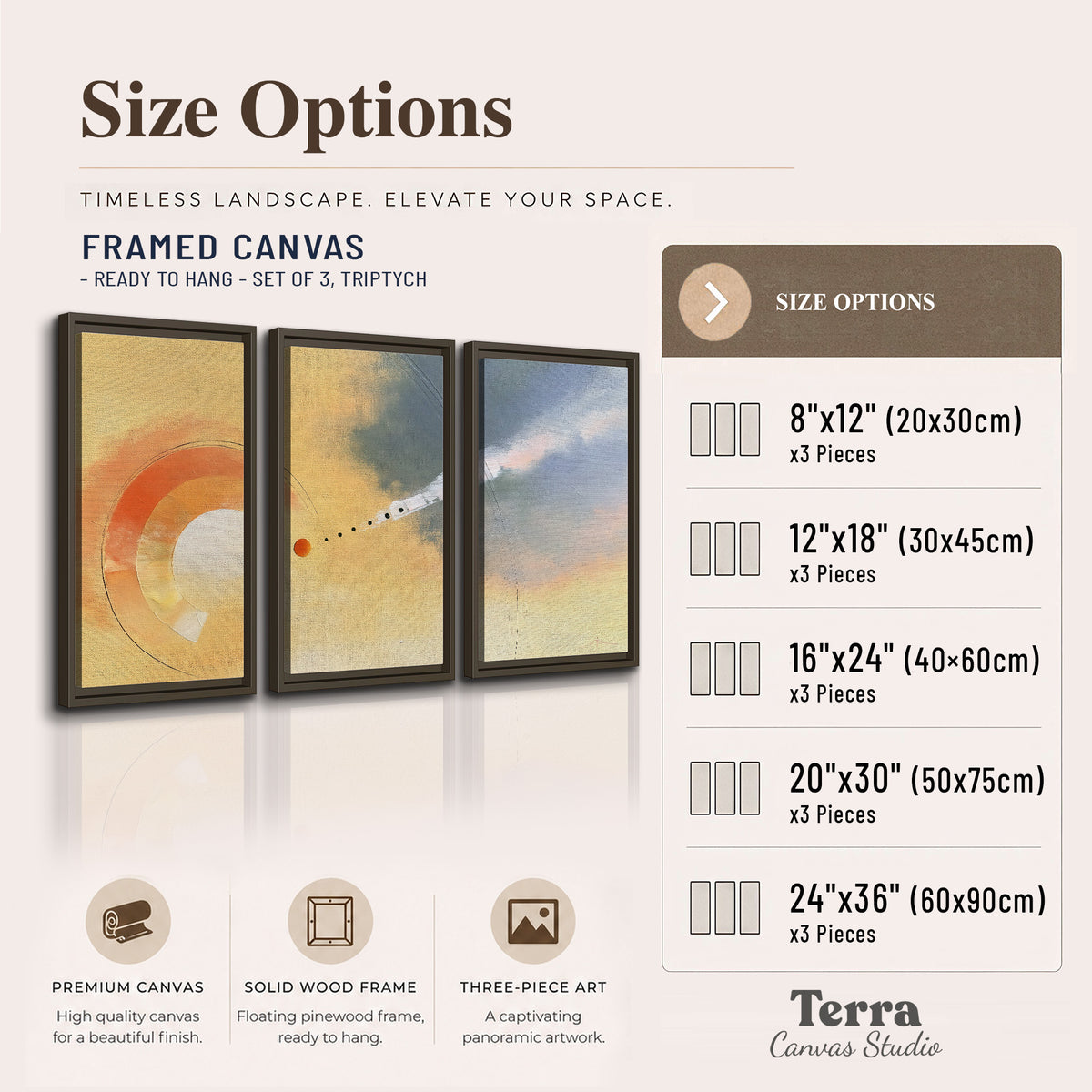 A warm orange circular form and diagonal pale streaks across a muted yellow and blue field 3 piece framed canvas wall art available dimensions; triptych dimensions are per panel