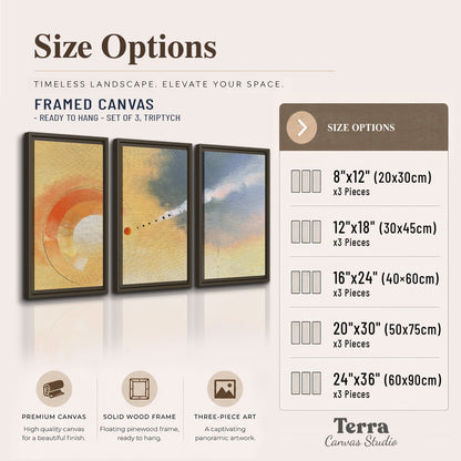 A warm orange circular form and diagonal pale streaks across a muted yellow and blue field 3 piece framed canvas wall art available dimensions; triptych dimensions are per panel