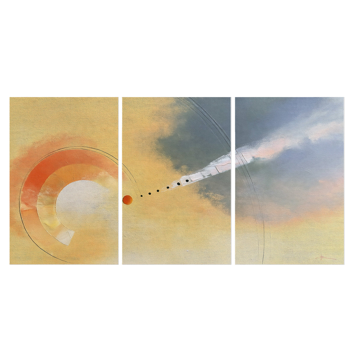 A warm orange circular form and diagonal pale streaks across a muted yellow and blue field set of 3 poster prints viewed straight on