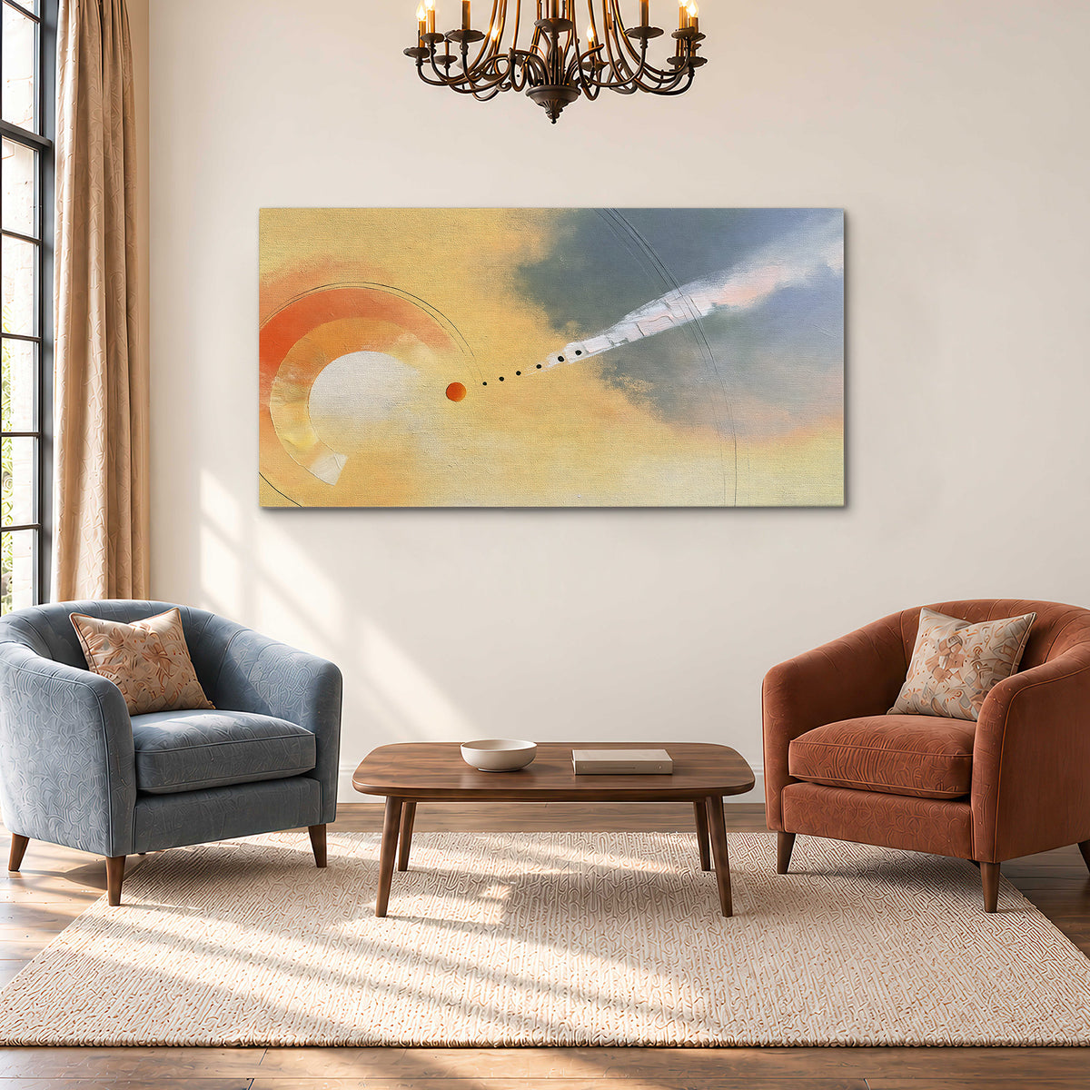 A warm orange circular form and diagonal pale streaks across a muted yellow and blue field single canvas wall art styled in an interior