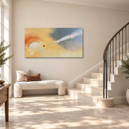 A warm orange circular form and diagonal pale streaks across a muted yellow and blue field single canvas wall art styled in an interior