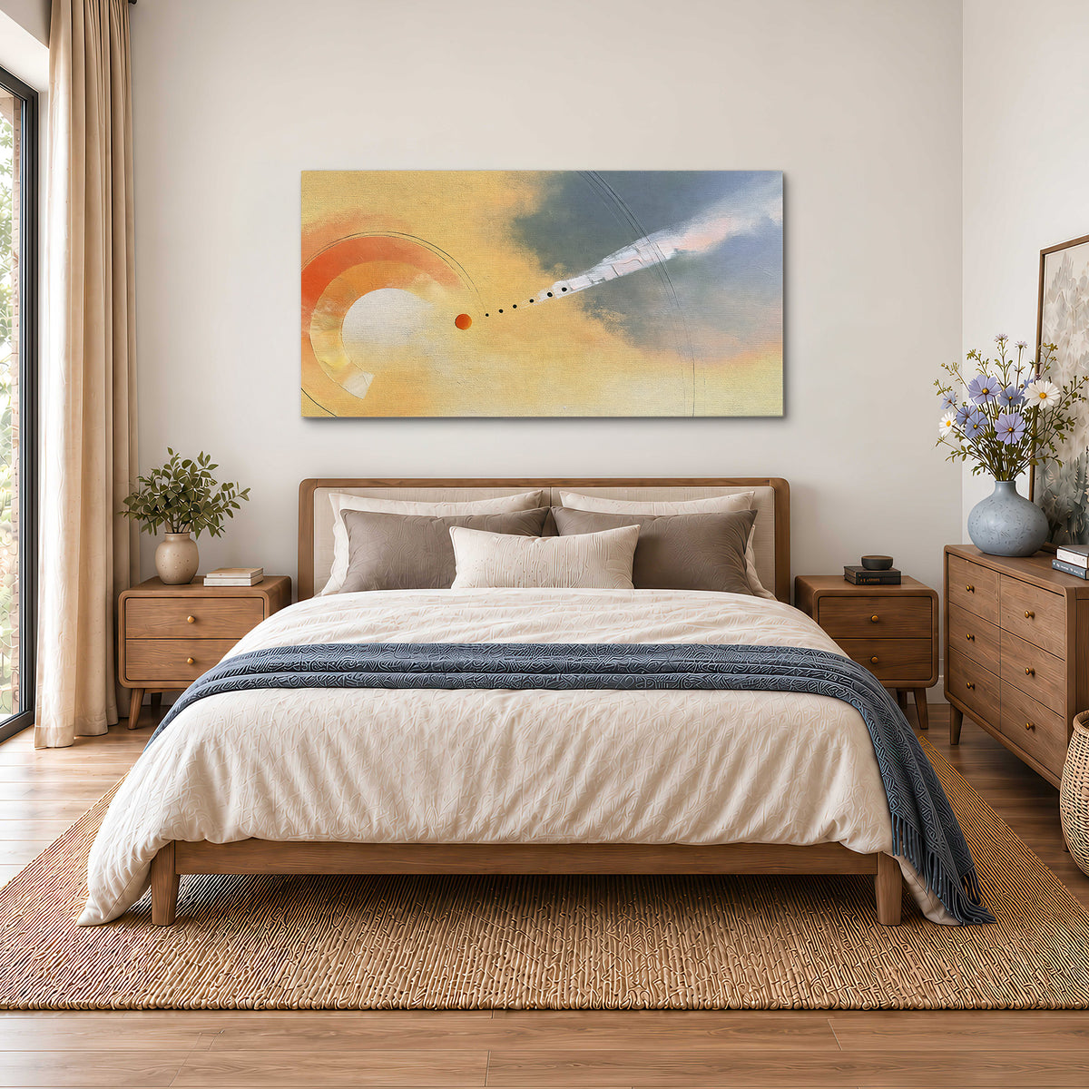 A warm orange circular form and diagonal pale streaks across a muted yellow and blue field single canvas wall art styled in an interior