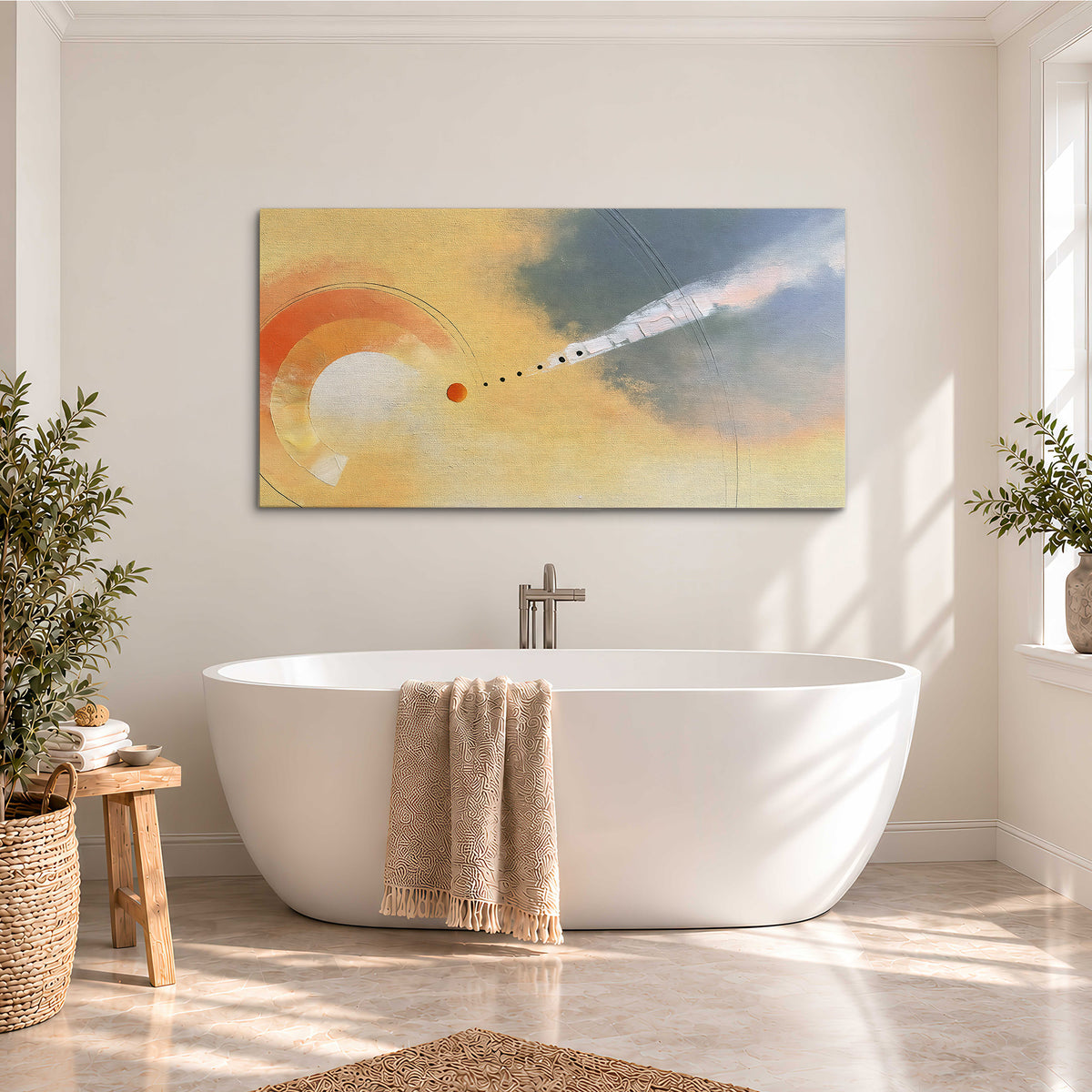 A warm orange circular form and diagonal pale streaks across a muted yellow and blue field single canvas wall art styled in an interior