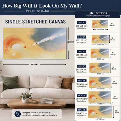 A warm orange circular form and diagonal pale streaks across a muted yellow and blue field single canvas wall art size guide above a sofa; room view is illustrative