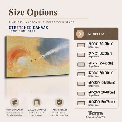 A warm orange circular form and diagonal pale streaks across a muted yellow and blue field single canvas wall art available dimensions