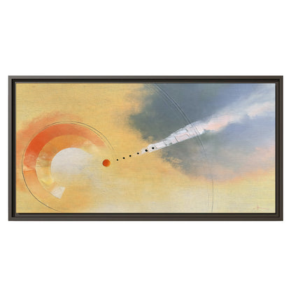 A warm orange circular form and diagonal pale streaks across a muted yellow and blue field single framed canvas wall art viewed straight on