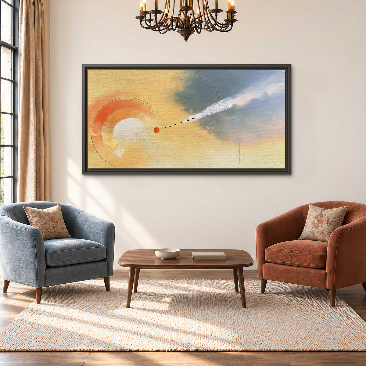 A warm orange circular form and diagonal pale streaks across a muted yellow and blue field single framed canvas wall art styled in an interior
