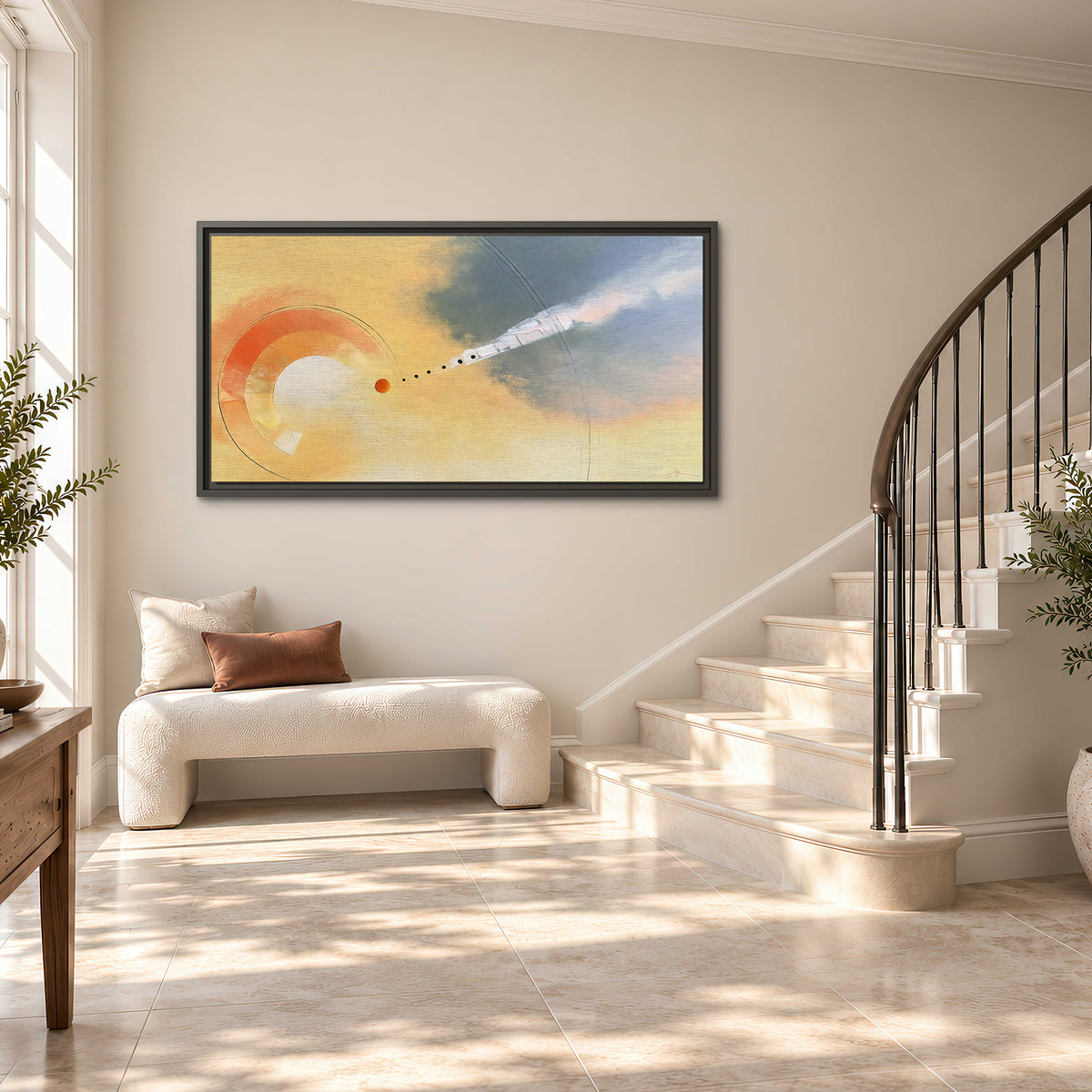 A warm orange circular form and diagonal pale streaks across a muted yellow and blue field single framed canvas wall art styled in an interior