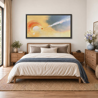 A warm orange circular form and diagonal pale streaks across a muted yellow and blue field single framed canvas wall art styled in an interior