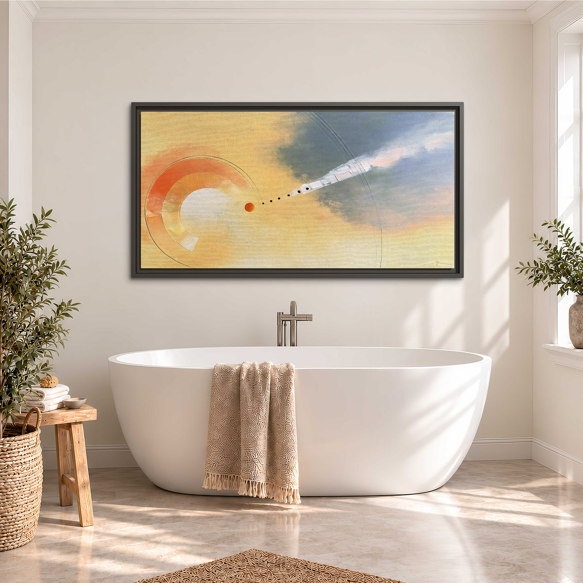 A warm orange circular form and diagonal pale streaks across a muted yellow and blue field single framed canvas wall art styled in an interior